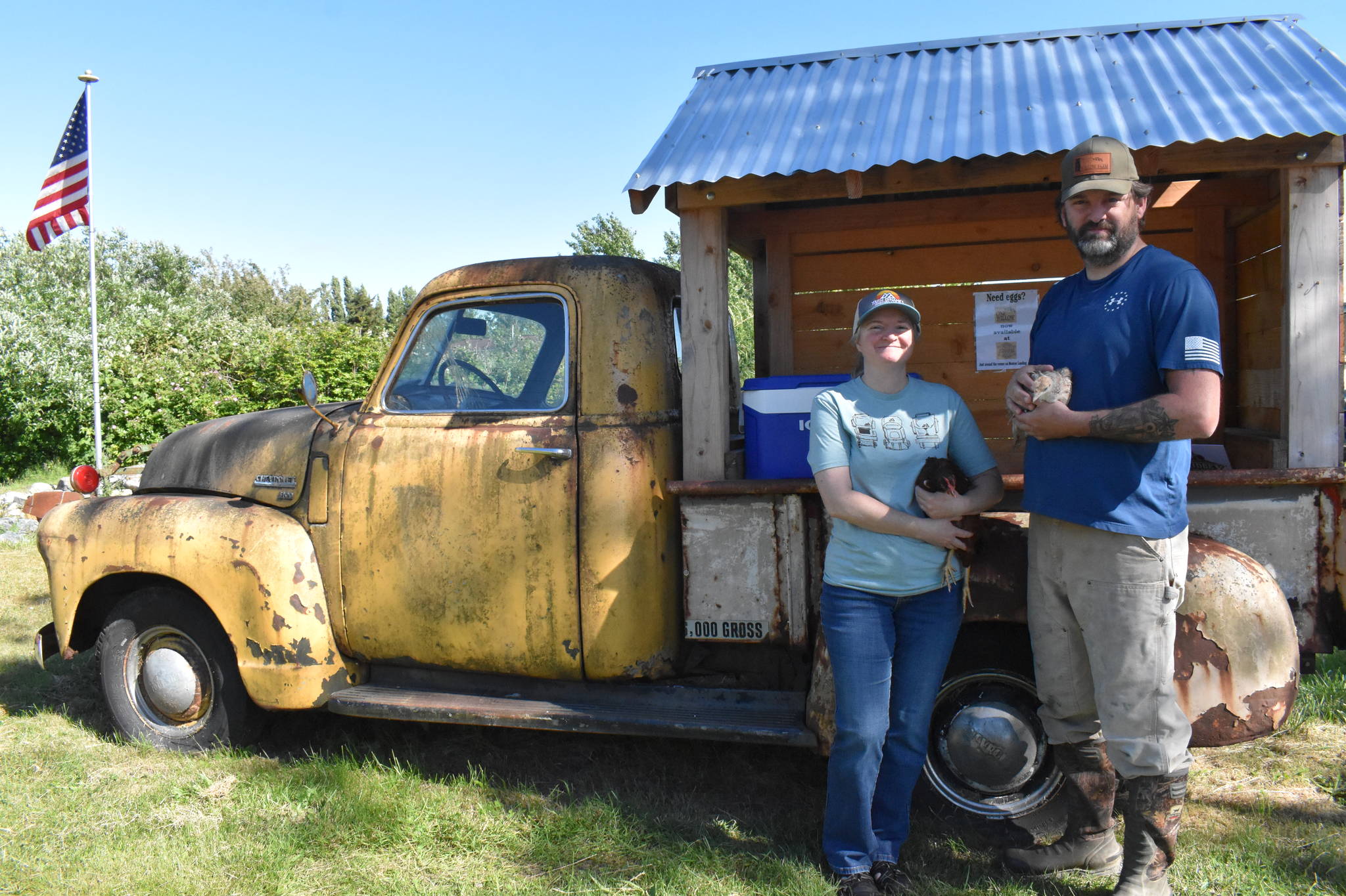 Melissa and Mark Stewart own One Willow Farm in Oak Harbor where they offer eggs, chicken and turkey. The couple went through a special program for military veterans wanting to become farmers before they opened their own farm. Photo by Emily Gilbert/Whidbey News-Times