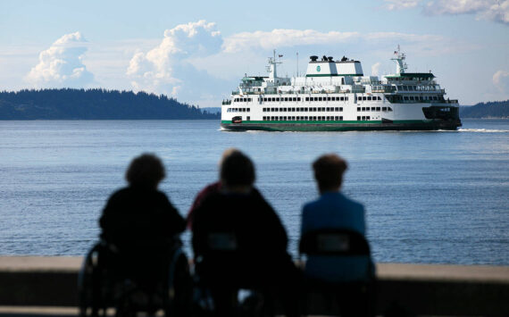 Photo by Ryan Berry/The Herald
A ferry heads out from Mukilteo towards Clinton during the evening commute Thursday, June 16, 2022, in Mukilteo, Washington.
