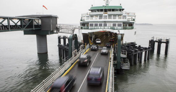 Cars drive onto the ferry at the Mukilteo terminal on Monday, Nov. 1, 2021 in Mukilteo, Wa. (Olivia Vanni / The Herald)