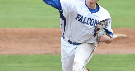 Photo by John Fisken
South Whidbey pitcher Grady Davis throws during a game against Kings. South Whidbey’s baseball team qualified for the 1A district 1 and 2 tournament. The Falcons play Meridian Saturday at Joe Martin Stadium.