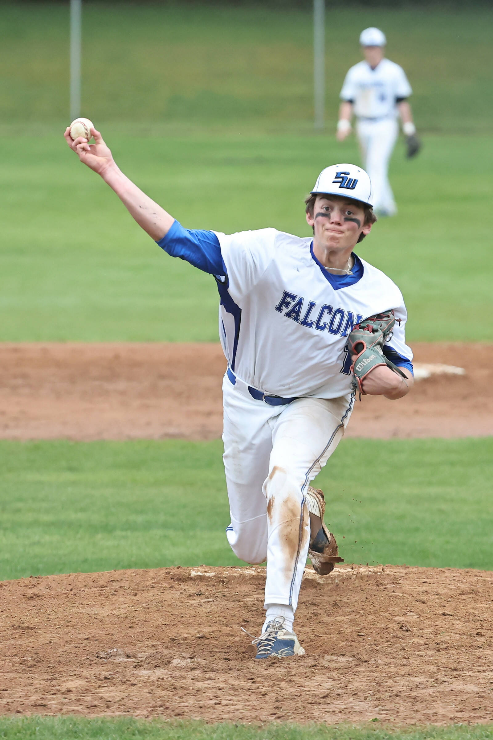 Photo by John Fisken
South Whidbey pitcher Grady Davis throws during a game against Kings. South Whidbey’s baseball team qualified for the 1A district 1 and 2 tournament. The Falcons play Meridian Saturday at Joe Martin Stadium.