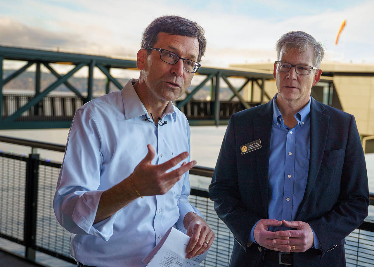 Photo by David Welton
Bob Ferguson was joined by other elected officials, including state Rep. Dave Paul, during a visit to Whidbey Island this week.