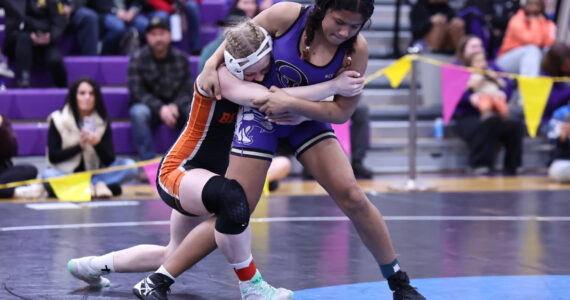 038 – Oak Harbor’s Sarai Egli placed first at 130 pounds in the District 1 3A girls wrestling tournament held at Oak Harbor High School. She will compete at the Mat Classic Feb. 20-21 at the Tacoma Dome. Photo by John Fisken.