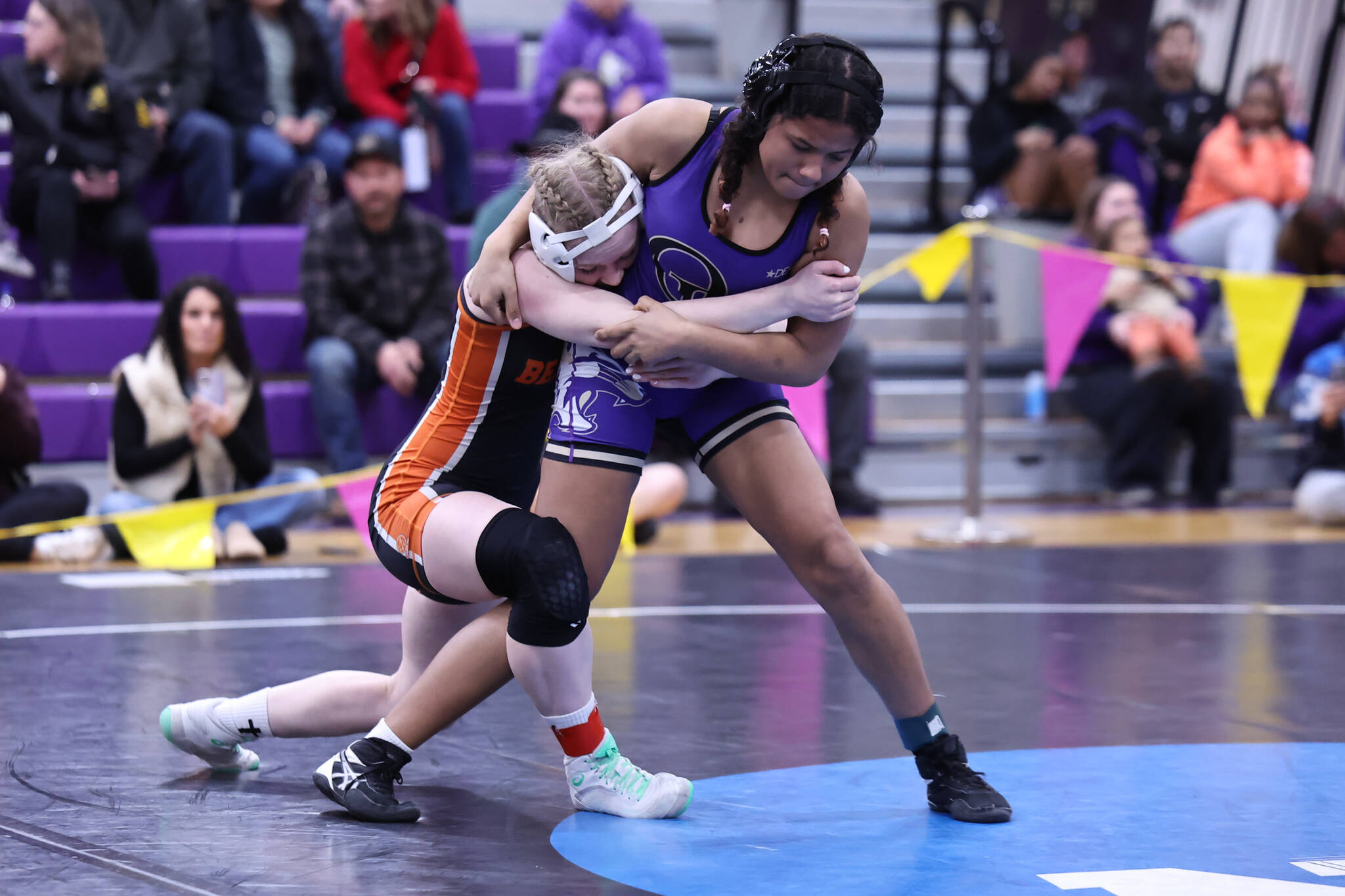 (Photo by John Fisken)
Oak Harbor’s Sarai Egli placed first at 130 pounds in the District 1 3A girls wrestling tournament held at Oak Harbor High School. She will compete at the Mat Classic Feb. 20-21 at the Tacoma Dome.