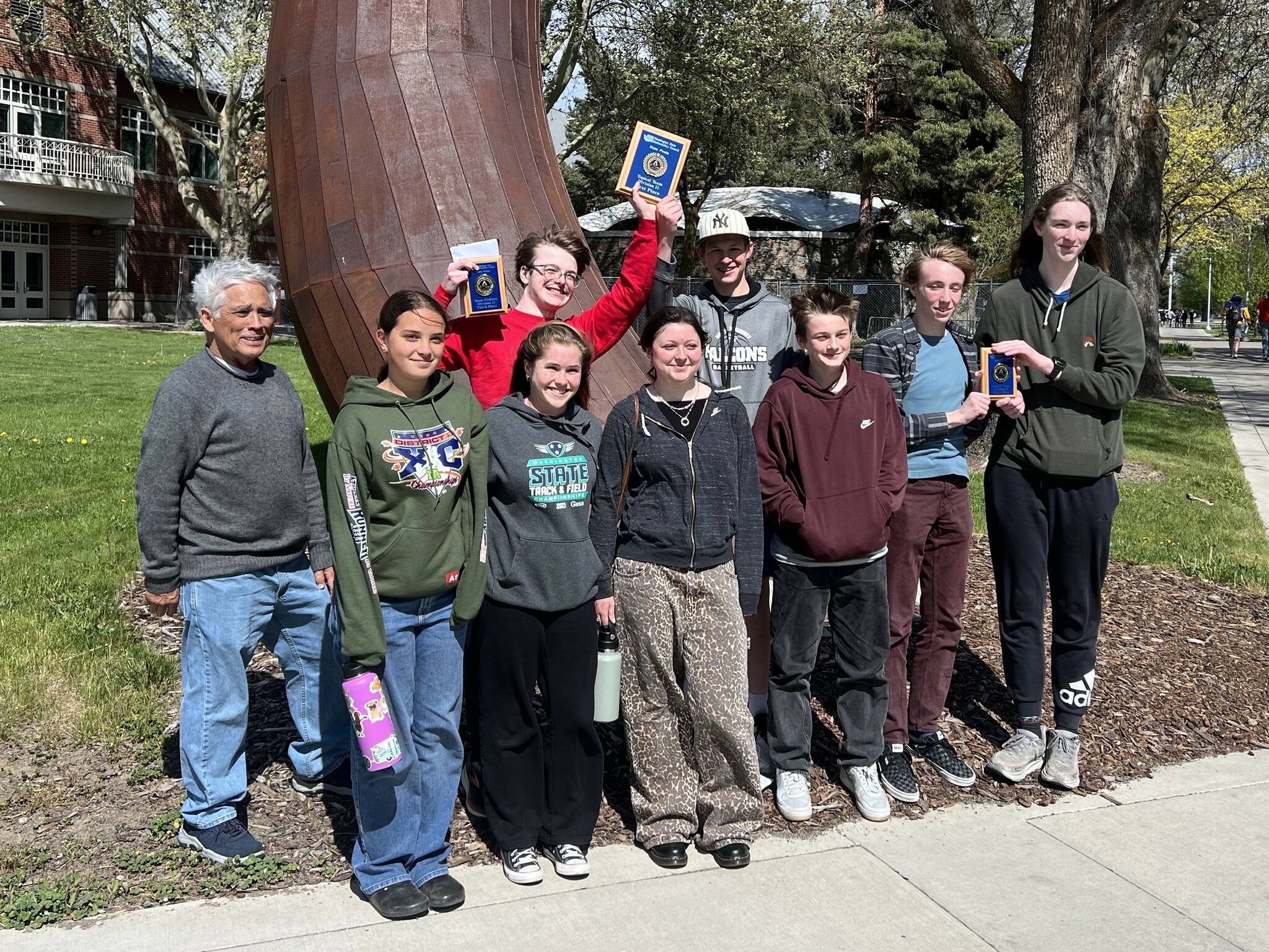 The South Whidbey Nerdy Birdies, the Falcon math team, succeeded at the Washington State High School Math Competition last weekend. The teams placed first and third in the “topical contest” category and third in “team problem” among all Division 2 schools in the state. Team members are Aaron Biehler (11), Dylan McKnight (9), Elliot Fortney (9), Elsa Layman (11), Kate Morgan (11), Solomon Hilliard (10), Stella Bobbitt (9) and Teddy Alexander (10).The students are led by community volunteer Clyde Monma.. The Nerdy Birdies started in 2014. They have placed in the top 3 every year since and have placed 1st six times. The Nerdy Birdies also participates in the monthly Northwest Math League friendly competitions with eight other regional high schools.

The Math Olympiad program started with a 6th grade team in 2010 and has grown to include Grades 6-12. The program is supported, in part, by a SWSD Grant as part of the Highly Capable Learners (HCL) Program. Parents also provide significant support, such as shuttling their kids to math sessions and contests.