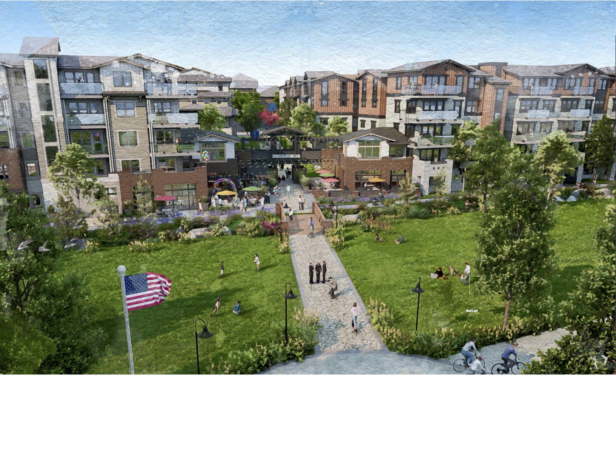 (Photo courtesy of city of Oak Harbor)
A concept rendering for “Waterfront West” shows a viewpoint from Windjammer Park looking north over the current mostly empty asphalt parking lots in the 200 block of Southeat Pioneer Way, a couple blocks east of Highway 20.