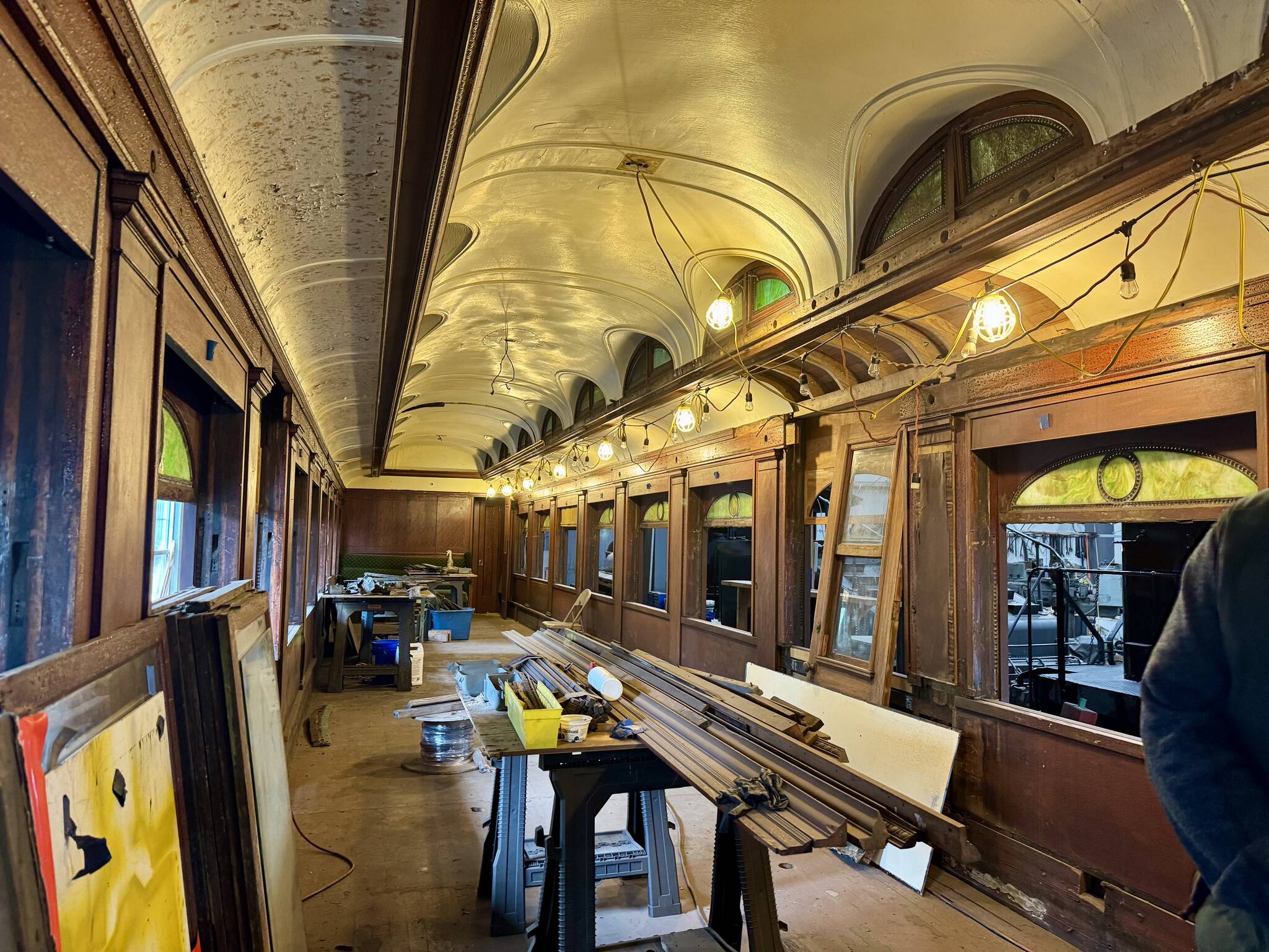 Photos by Grace Gorenflo/Valley Record 
The inside of parlor car 1049 in the Northwest Railway Museum’s workshop, April 29, 2025.