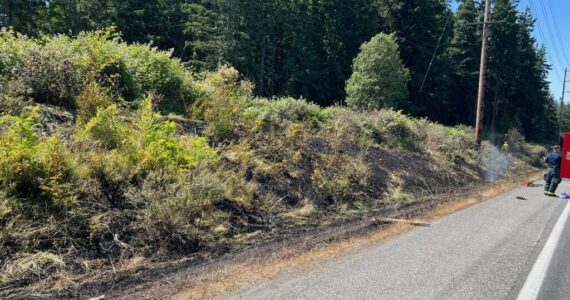 Photo by South Whidbey Fire/EMS
A brush fire just outside of Freeland scorched a large area next to the highway.