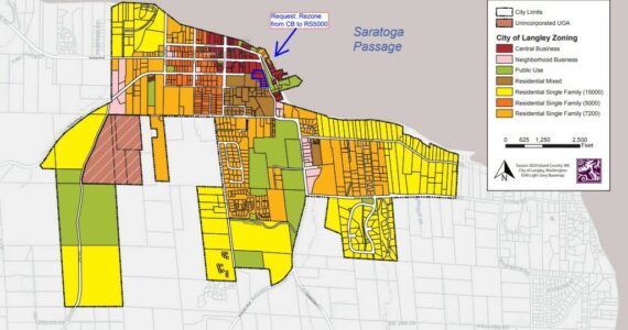 City of Langley image
This map of zoning areas in Langley shows the location along Cascade Avenue where a change from central business to residential single family zoning has been proposed.