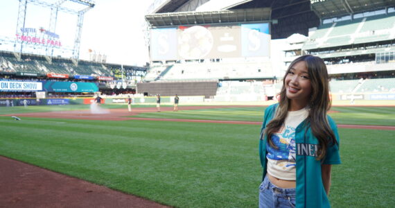 Photo provided by Danika Kloewer. 
Danika on the field ahead of her Mariners anthem debut.
