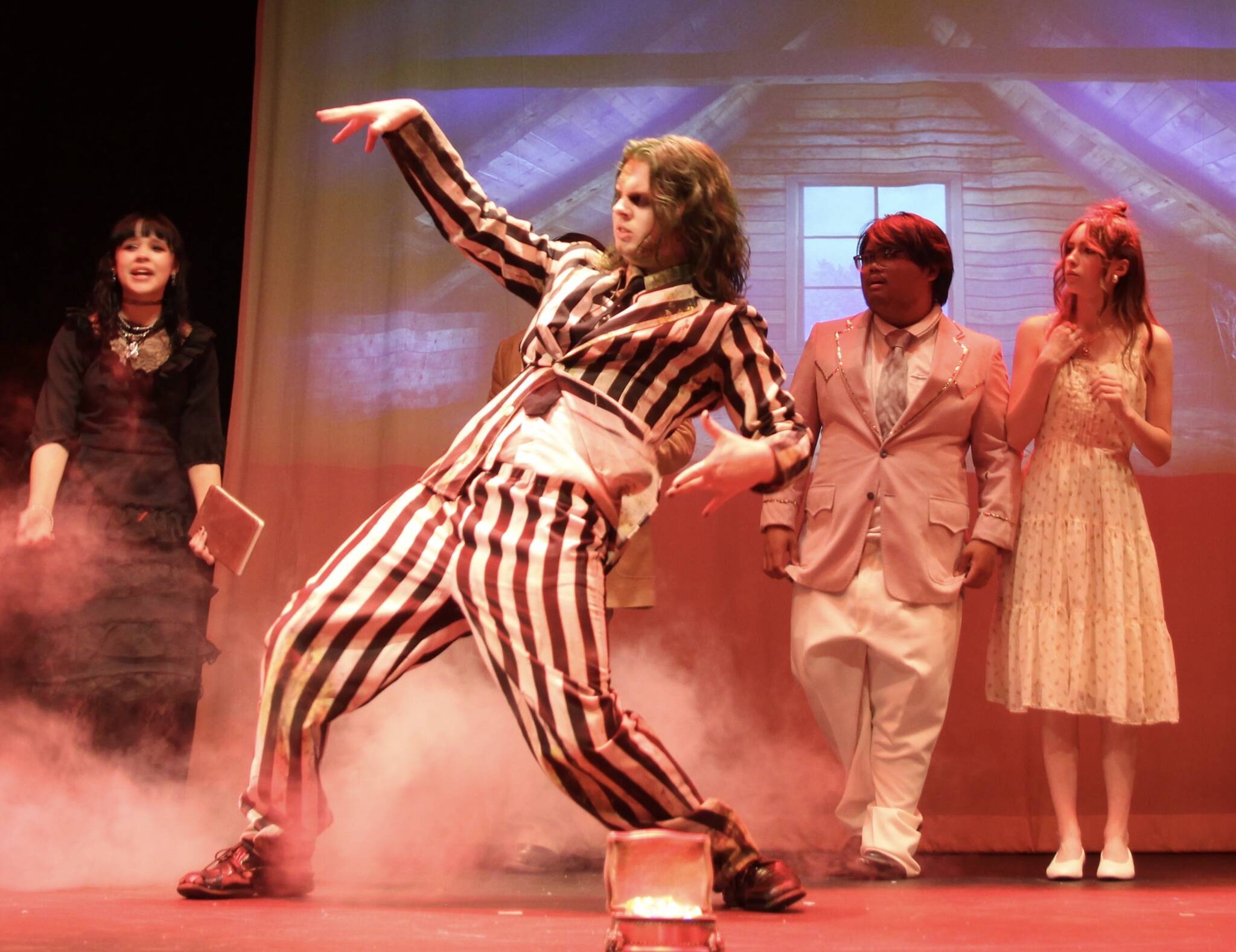 (Photo by Marina Blatt) Beetlejuice dances creepily in front of a ghost-tormenting contraption. Pictured from left are Liv Phillips, Ray Graham Ray, Cyrus Amor and Cora Fix.