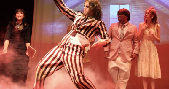 Photo by Marina Blatt
Beetlejuice dances creepily in front of a ghost-torturing contraption. From left, Liv Phillips, Ray Graham Ray, Cyrus Amor and Cora Fix.