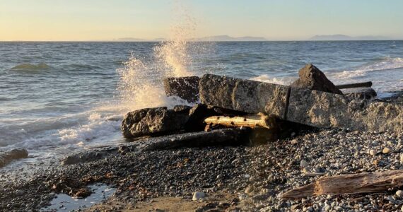 Photo by Marina Blatt
A wave hits a rock at Point Partridge the night of the tsunami advisory on Whidbey.