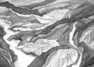 Gray River Trail III is one of Carolyn Divelbess Denning’s watercolor paintings that reveal her meanderings on the mountainous regions of her home state of Nevada. Denning shares the spotlight with her sister