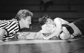In the lead and working to pin Mount Baker opponent Alan Moore